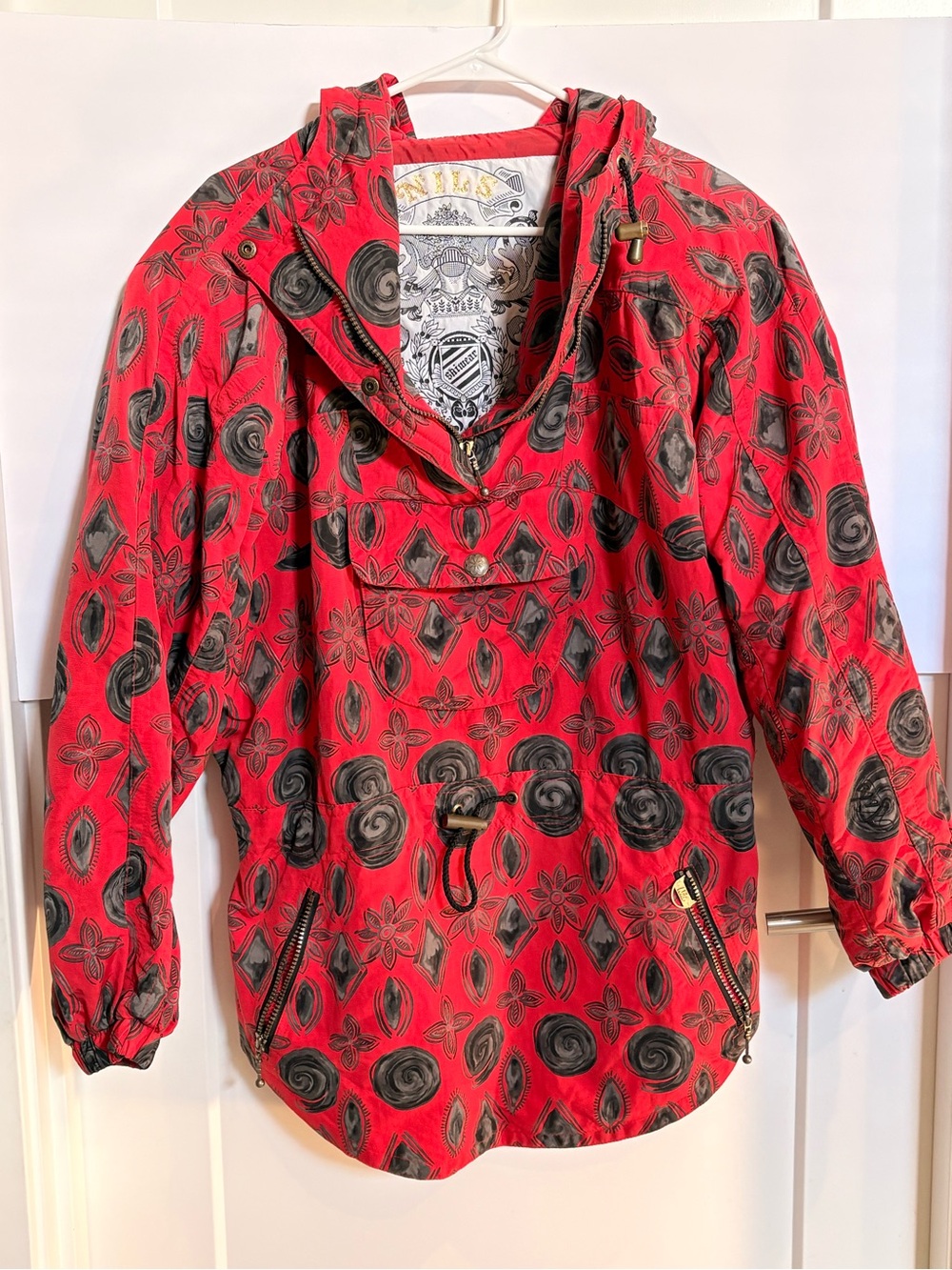 Nylon pullover anorak jacket, NILS Skiwear, vintage red and black floral print
